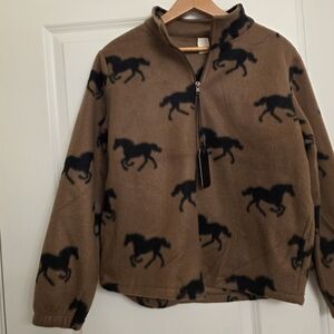 Horse Western Chic Zip Up Fleece Jacket Womens S Brown Black Granola NWT